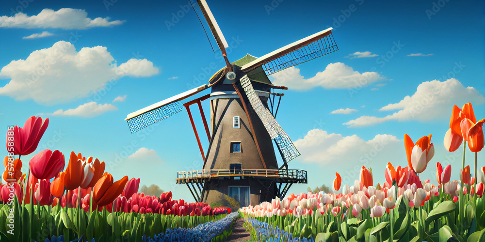 Illustration of a traditional Dutch windmill in a field of flowers. Generative AI. - obrazy, fototapety, plakaty 