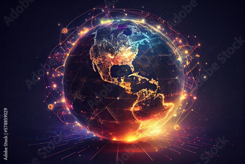 Digital Technology Connects Earth Across the Globe: A Cyberspace and Planet Map Concept Illustration: Generative AI