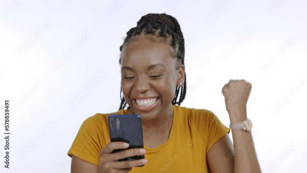 Black woman, smartphone and wow celebration for winning competition, money or esports by studio background. Gen z girl, phone or surprise winner on crypto market, fintech or lotto for online gambling Black woman, smartphone and wow celebration for winning competition, money or esports by studio background. Gen z girl, phone or surprise winner on crypto market, fintech or lotto for online gambling