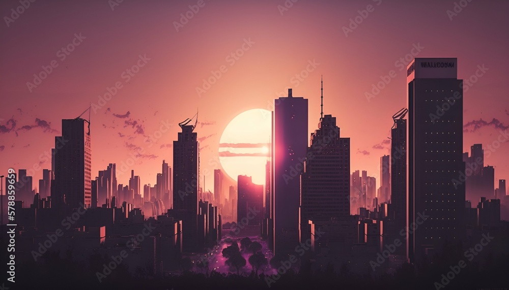 A city skyline with tall buildings and sunrise in the background A city skyline with tall buildings and sunrise in the background