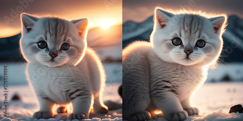 sunset, cute chubby short legged mini white american shorthair kitten couple hugging