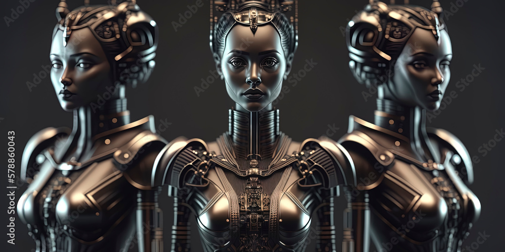 three android bioemechanical beautiful queen robots looking at the camera. three android bioemechanical beautiful queen robots looking at the camera.