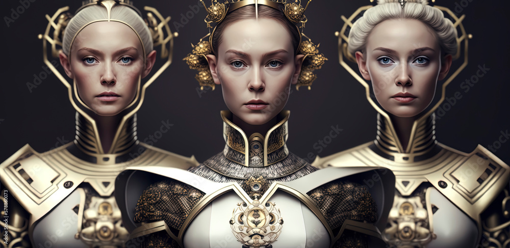 three android bioemechanical beautiful queen robots looking at the camera. three android bioemechanical beautiful queen robots looking at the camera.