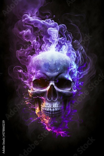 Skull with violet blue smoke flames. Generative AI