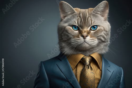 Serious cat wearing suit portrait, dark background copyspace, Generative AI