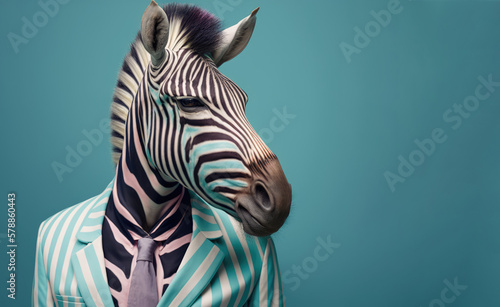 Zebra wearing pastel colored striped suit  copy space  Generative AI