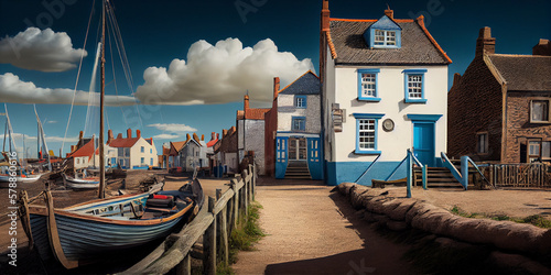 Small fishing village on the island of Britain, Generative AI. photo