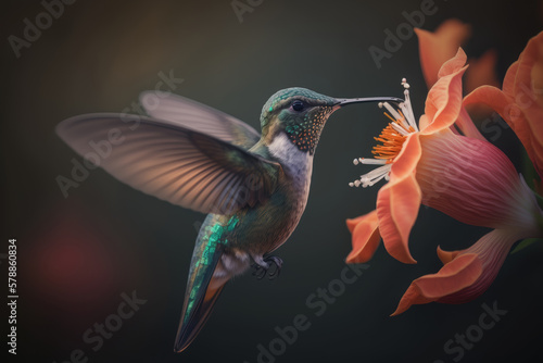 Humingbird flying among flowers, Generative AI © Nebula Cordata