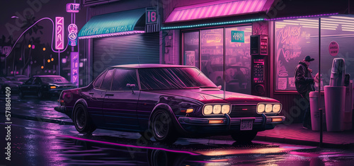 Japanese street scene, with a square vitange car parked outside shops, it's night time, rainy and moody. lighting is synthwave blues purples and pinks photo