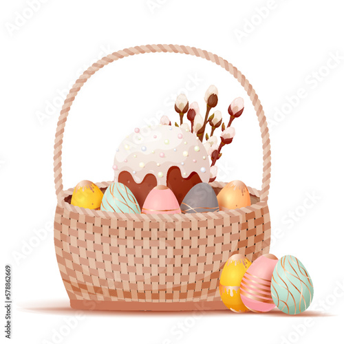 Happy Easter wicker basket eggs baking cartoon icon . Festive weave handle hamper food glazed cake gold painted eggs pussy willow branch traditional spring holiday set greeting card sticker isolated