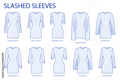 Set of Slashed sleeves clothes long, short, hanging, cape, slashed, slit technical fashion illustration with fitted body. Flat apparel template front sides. Women, men unisex CAD mockup