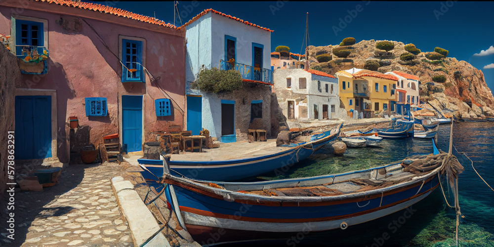 Illustration of a Greek fishing village. Generative AI.
