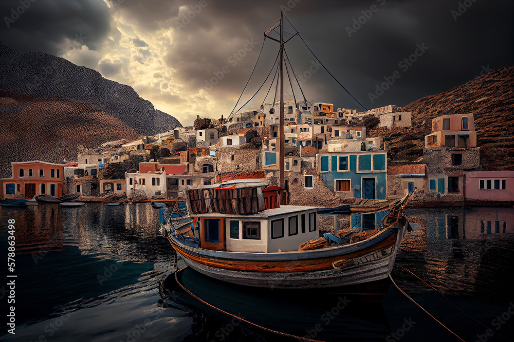 Obraz premium Illustration of a Greek fishing village. Generative AI.