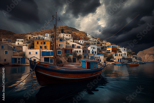 Illustration of a Greek fishing village. Generative AI.
