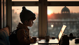 Little Turkish boy with laptop by the window in coffee shop, city skyline on sunset, AI generative