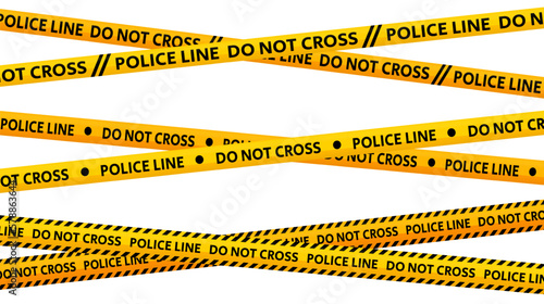 Police line do not cross tapes. Crossed yellow and black caution stripes. Danger area or crime scene zone stripes background. Warning sign. Vector