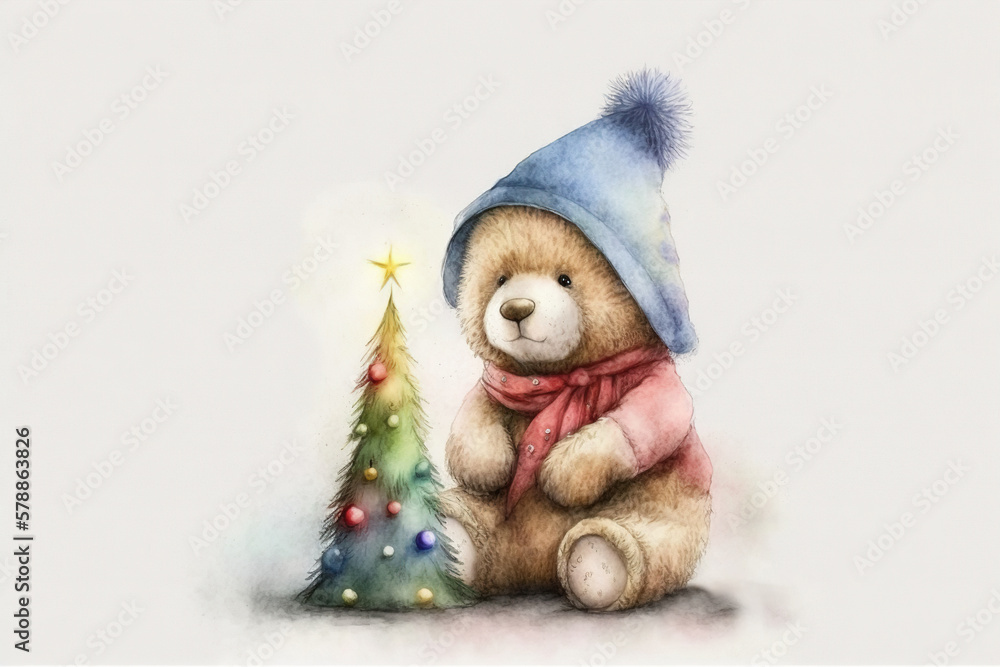 Teddy bear with a blue hat and red scarf looking at a rainbow Christmas tree watercolor, Generative AI Teddy bear with a blue hat and red scarf looking at a rainbow Christmas tree watercolor, Generative AI