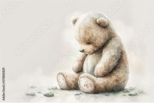 A sad little teddy bear watercolor, Generative AI