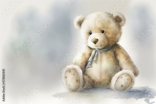 Off white light teddy bear with a blue scarf sitting watercolor, Generative AI © gridspot