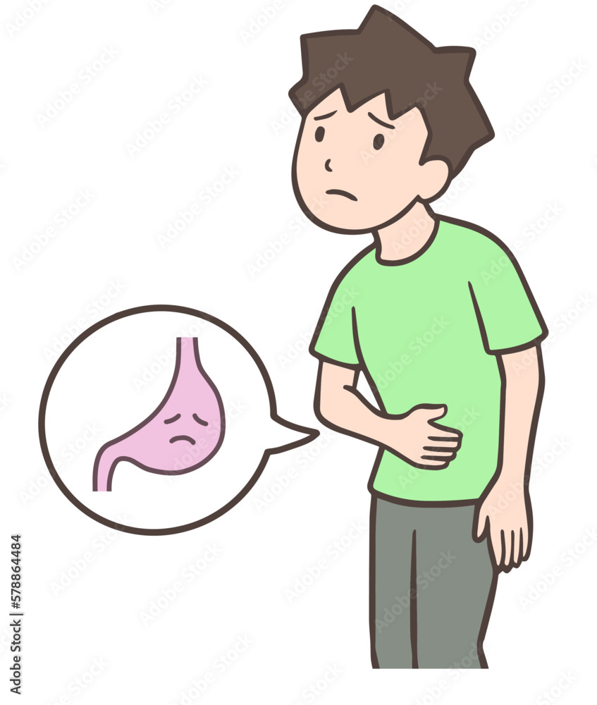 胃の調子が悪い人、お腹に手を当てる男性 胃の調子が悪い人、お腹に手を当てる男性