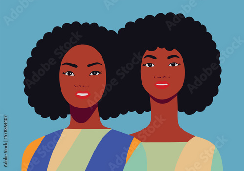 two black girls side by side, twins, afro hair, looking forward, big lips, flat design, minimalist, clean background