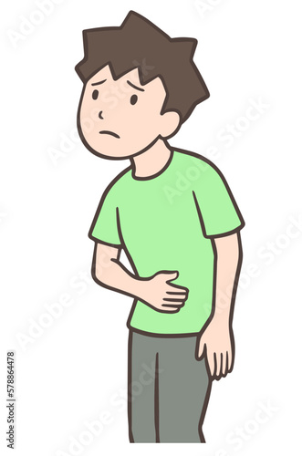 お腹の調子が悪い人、お腹をさする男性