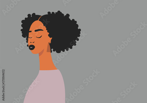 young black girl, big afro hair, sideways, closed eyes, big lips, flat design, minimalist, clean background