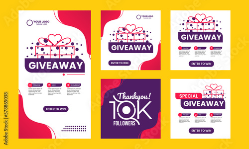 Giveaway social media post and banner template set. Editable text eps10