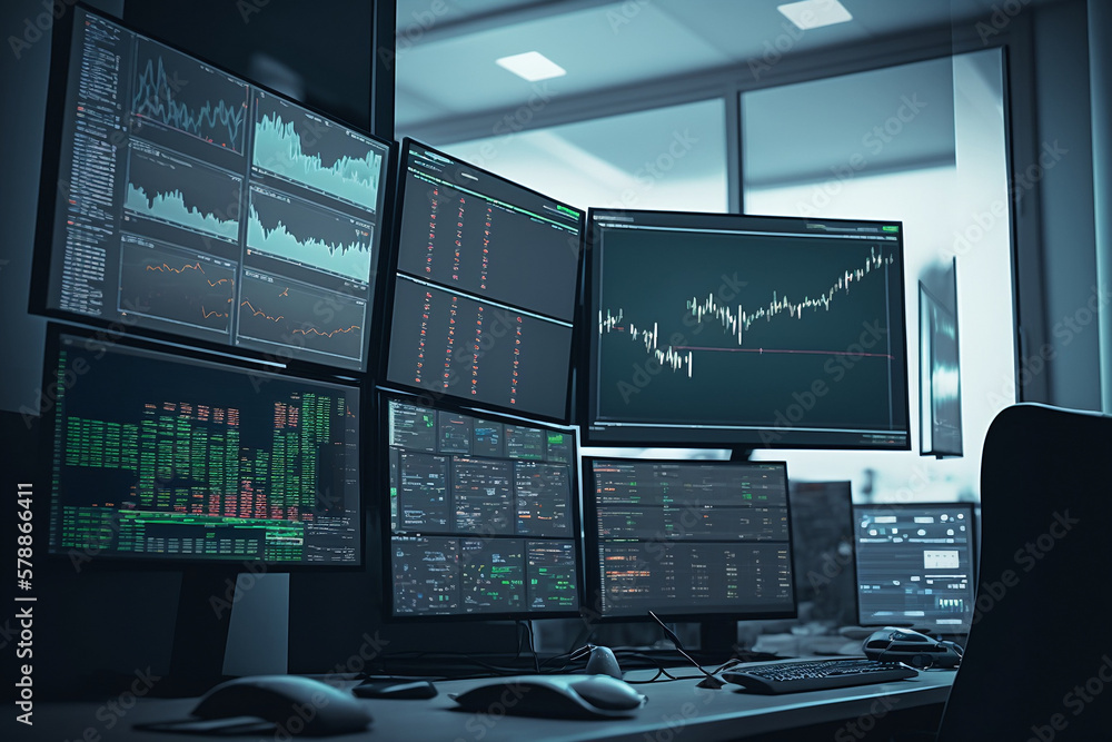 Render showing a full stock traders setup with multiple monitors and trading windows. Created by Generative AI technology Render showing a full stock traders setup with multiple monitors and trading windows. Created by Generative AI technology