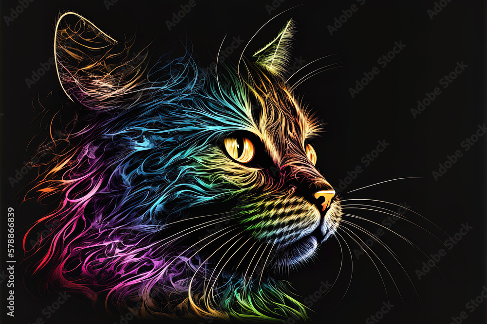 Black Cat with Whiskers on Abstract Background