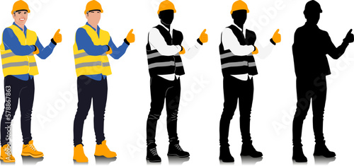 Construction worker showing thumb up wearing helmet and vest. Different color options. Hand-drawn vector illustration isolated on white. Full length view