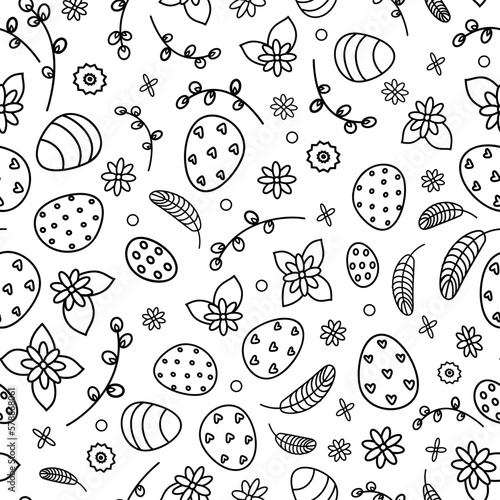 Linear pattern of Easter eggs and flowers and pussy willow