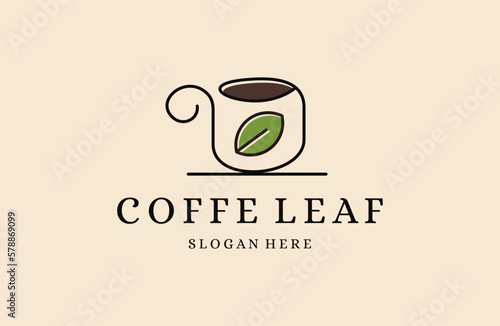leaf coffe tea line art logo design minimalist style .