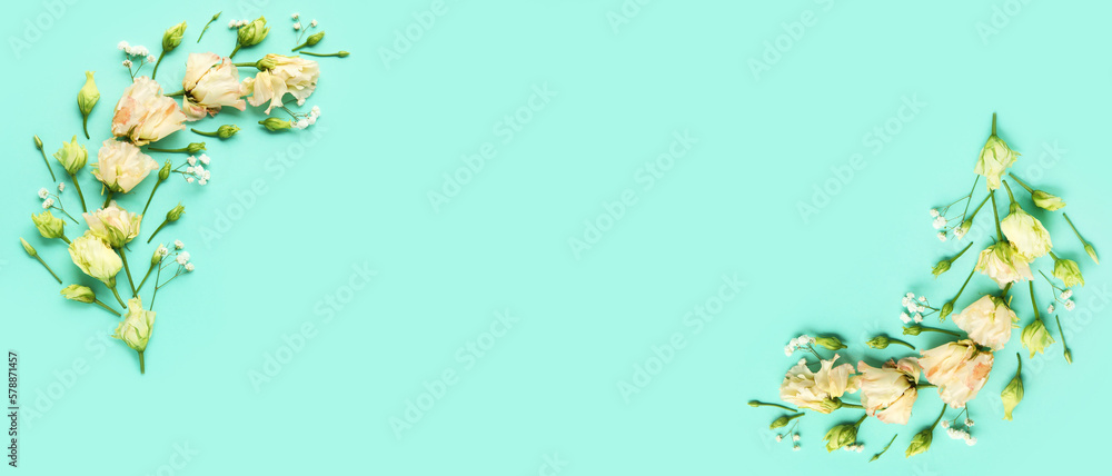 Fototapeta premium Composition with beautiful eustoma flowers on turquoise background
