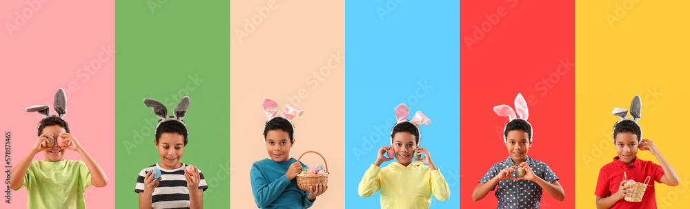 Set of African-American boy celebrating Easter on color background