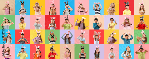 Collage with many children celebrating Easter on color background