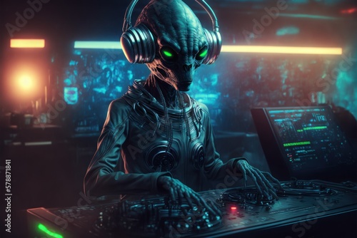 intergalactic, cosmic, party, alien, rave, music, dance, energy, music festival rave dj alien, GENERATIVE AI