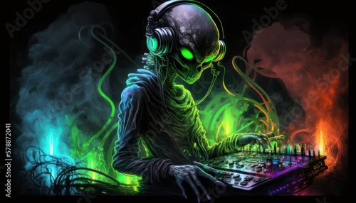 party, rave, DJ, ET, UFO, music, dance, extraterrestrial, rave, festival, eletronic music, neon, smoke, art GENERATIVE AI