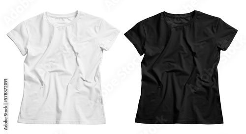 Stylish t-shirts on white background, top view