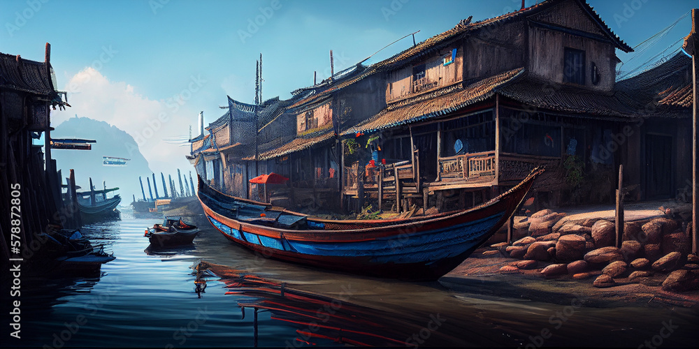 Illustration of a Chinese fishing village. Generative AI.