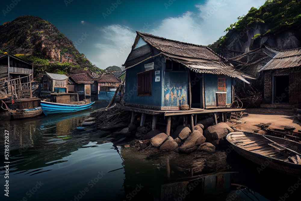 Naklejka premium Illustration of a Chinese fishing village. Generative AI.