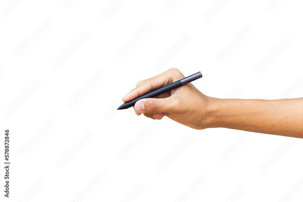The businessman's hand holds a pen on white background, clipping path The businessman's hand holds a pen on white background, clipping path