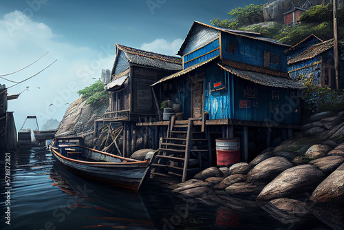Illustration of a Chinese fishing village. Generative AI.
