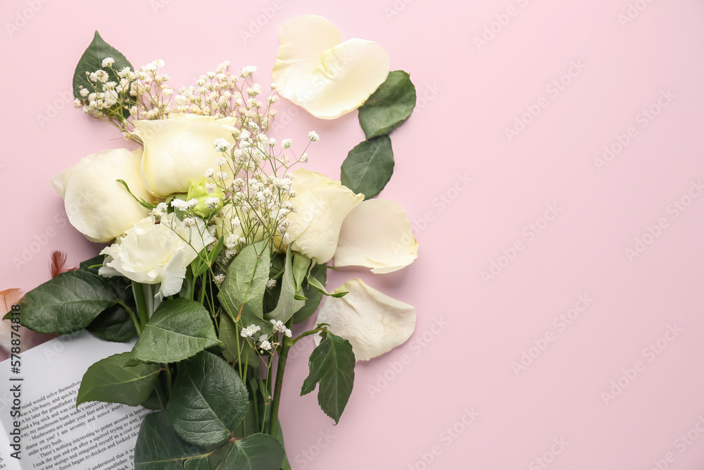 Bouquet of beautiful rose flowers on pink background