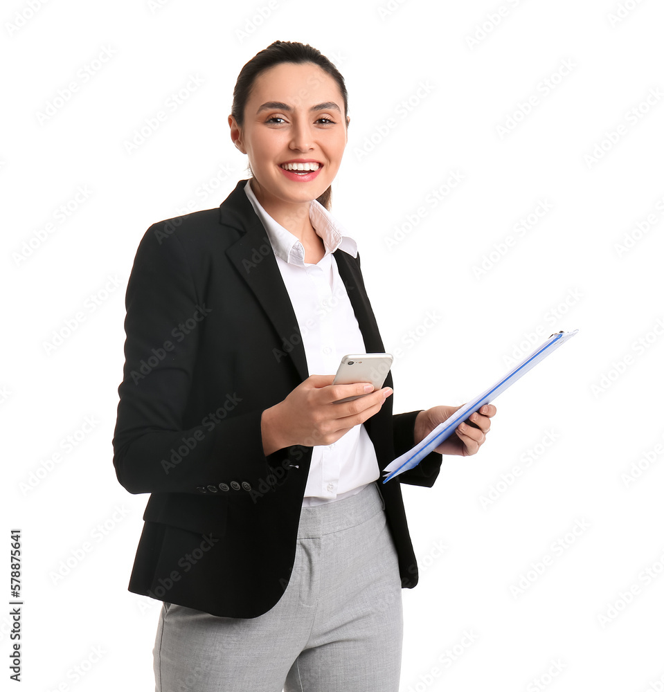 Female business consultant with clipboard and mobile phone on white background Female business consultant with clipboard and mobile phone on white background