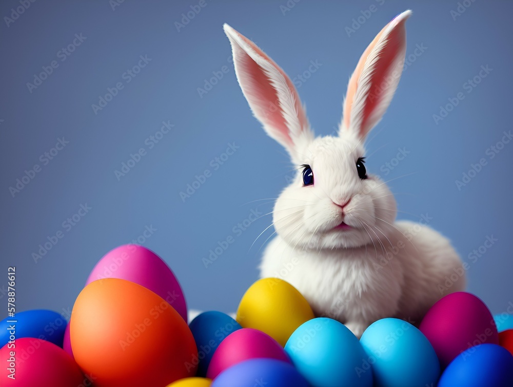 Cute easter bunny with easter eggs. Created with generative AI