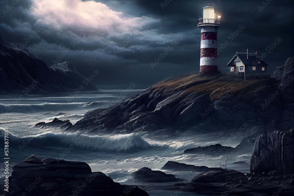 Illustration of a lighthouse on a beautiful rocky outcropping. Generative AI.