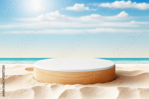 Summer tropical. Podium on sand beach on sea background, Mock up for beauty cosmetic products. Generative AI.