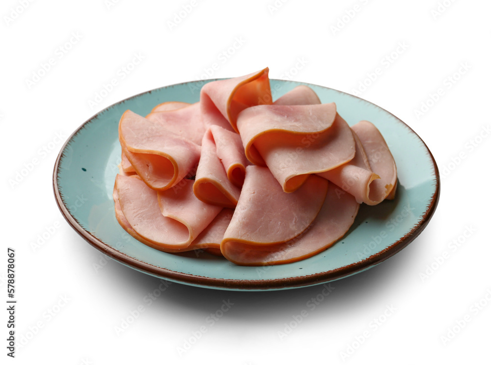 Plate with delicious ham slices isolated on white background