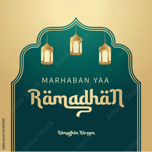 vector graphic of marhaban yaa ramadhan good for welcome ramadhan celebration. flat design. flyer design.flat illustration. photo